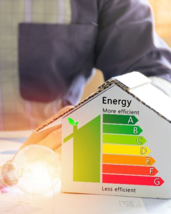 cardboard house with colored bars displaying energy use