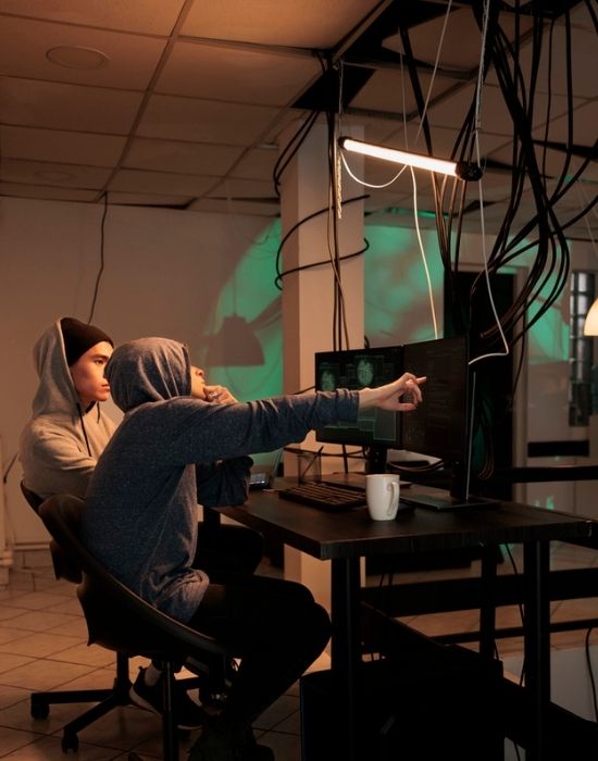 young men using a computer for hacking, and scamming