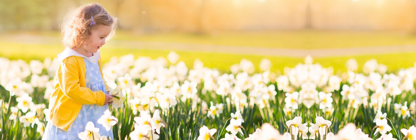 child in field of flowers