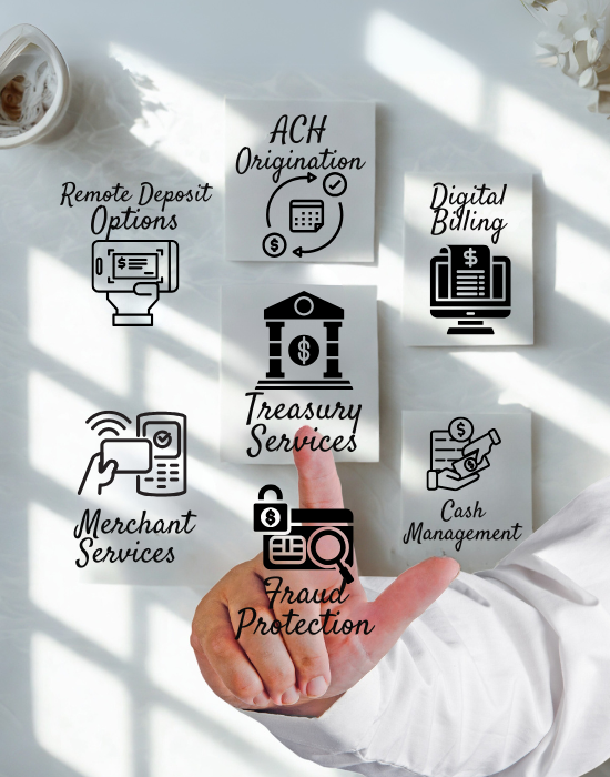 Image with hand surrounded by icons of treasury services